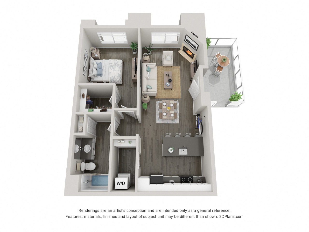 Floor plan for 1 bed, 1 bath, 715 sqft